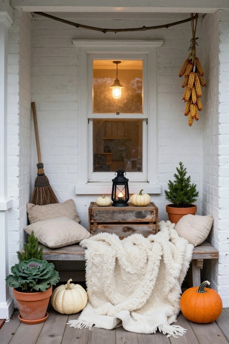 White brick porch enclosure with wooden bench covered by white throw blanket and pillows, potted kale and evergreens, white and orange pumpkins, black lantern, broom, and hanging corn stalks beside a window with interior light.