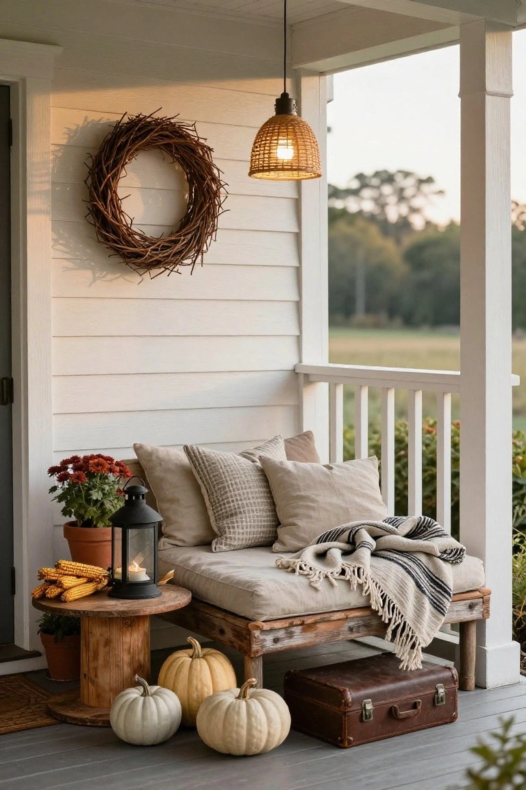 White clapboard porch featuring a wooden daybed with neutral pillows and striped throw blanket, a spool side table with lantern cornstalks mums and potted plant, clusters of white pumpkins on the deck, wheat wreath on wall, rattan pendant light, and rural wooded view at dusk.