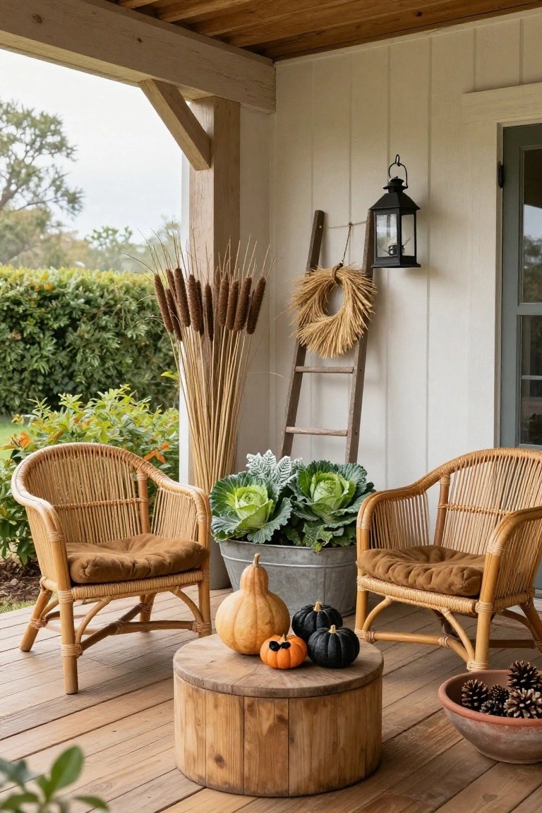 A covered wooden porch features two tan rattan armchairs facing a small round wooden table holding orange pumpkins and black mini pumpkins, with potted cabbage plants nearby, tall reeds, a ladder, and wheat wreath against a white shiplap wall.