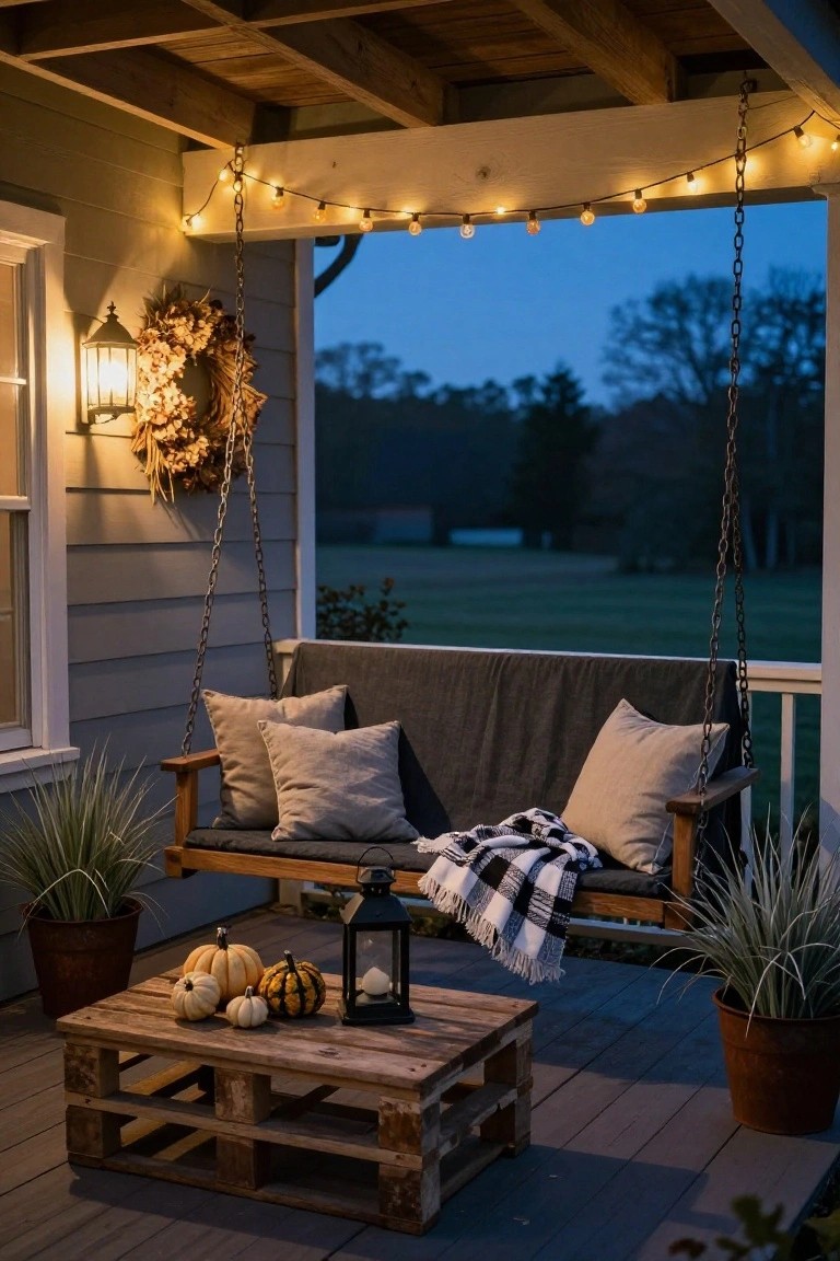 Porch swing with gray cushions, pillows, and plaid blanket hanging from chains, low wooden pallet table holding small pumpkins and lantern, potted grasses, string lights overhead, fall wreath by window on gray house siding at dusk.