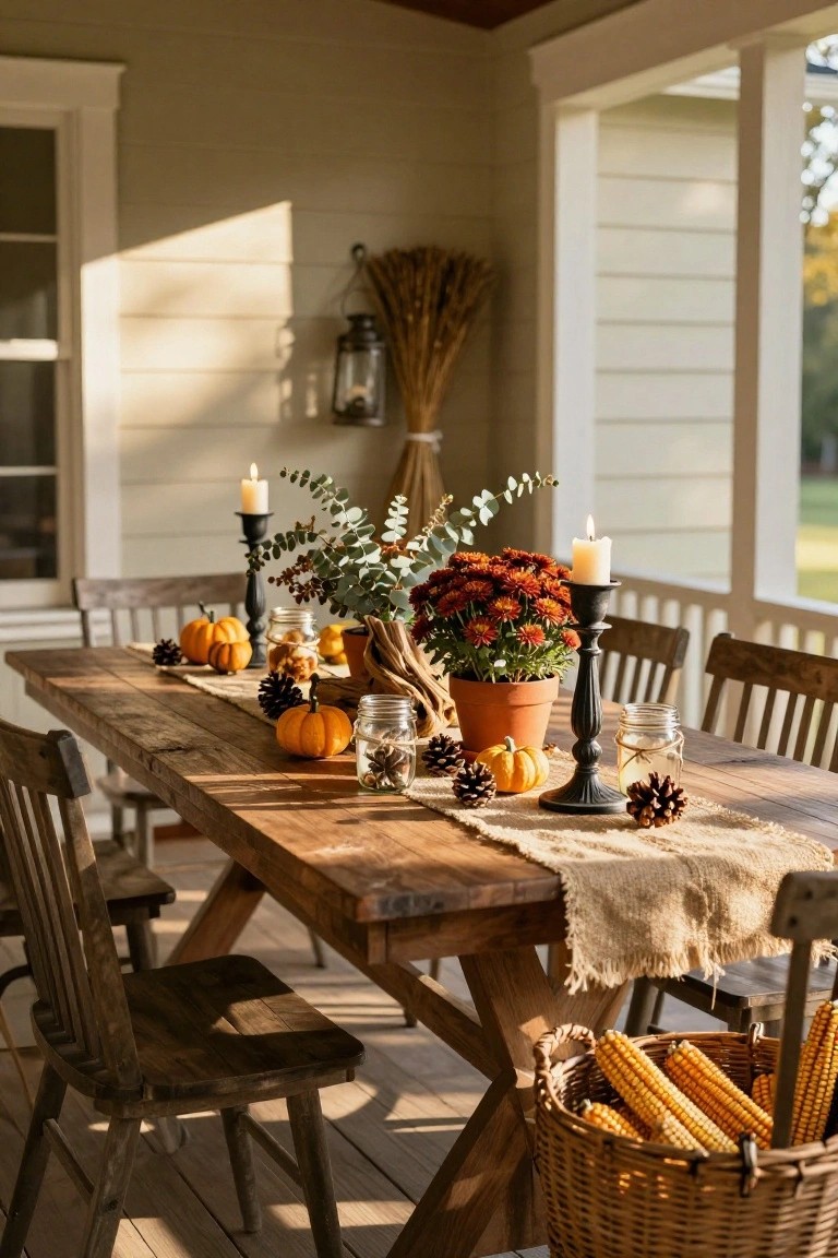 Rustic wooden dining table on a covered porch decorated with small orange pumpkins, potted red mums, black candelabras holding white pillar candles, glass jars with pinecones, a burlap runner, eucalyptus branches, and a wicker basket of corn ears nearby, surrounded by wooden chairs.