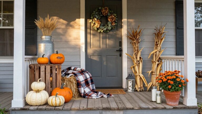 Farmhouse porch with white shiplap siding, dark wood door with autumn leaf wreath, hanging cornstalks, milk can holding wheat, lantern, hay bale, wooden bench covered in plaid blanket holding white and orange pumpkins, additional pumpkins on porch deck, potted mums, and candle jar.