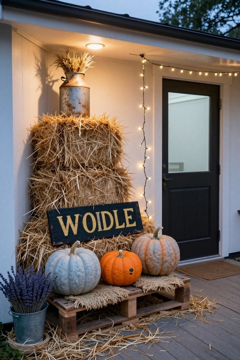 Farmhouse porch corner with two stacked hay bales supporting a black wooden 'WOIDLE' sign in gold letters, surrounded by orange carved pumpkin, white pumpkins, lavender in metal bucket, milk can with wheat stalks, string lights, and black door on white siding.