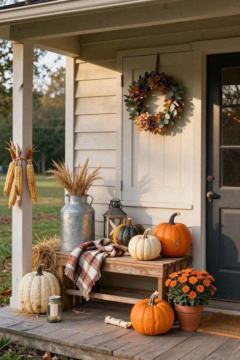 Farmhouse porch with white shiplap siding, dark wood door with autumn leaf wreath, hanging cornstalks, milk can holding wheat, lantern, hay bale, wooden bench covered in plaid blanket holding white and orange pumpkins, additional pumpkins on porch deck, potted mums, and candle jar.