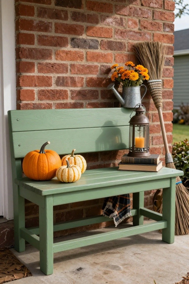 Green wooden bench against a brick exterior wall on a porch, decorated with orange and white pumpkins, a metal lantern with candle, stacked books, plaid blanket, metal watering can with orange flowers, corn broom, and tall wheat stalks.