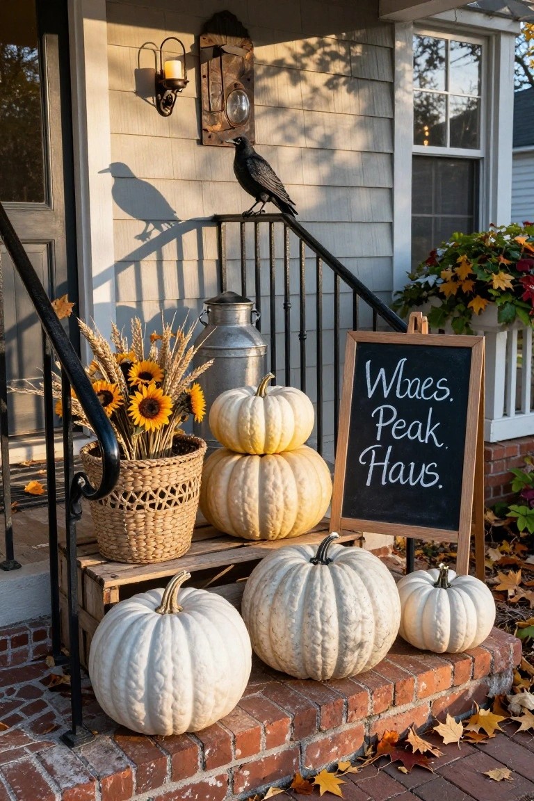 Front porch steps with white pumpkins stacked on wooden crates and placed directly on brick steps, surrounded by wicker baskets of sunflowers and wheat, a metal milk can, a chalkboard sign reading 