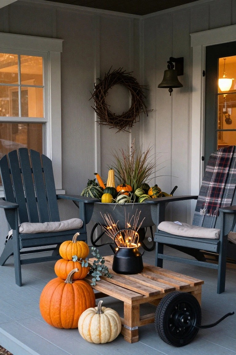 Gray porch deck with two navy Adirondack chairs flanking a wooden pallet table on a tire wheel holding stacked orange pumpkins, white pumpkin, assorted gourds, black cauldron with sparklers, pillows on chairs, plaid blanket, and fall wreath on siding.