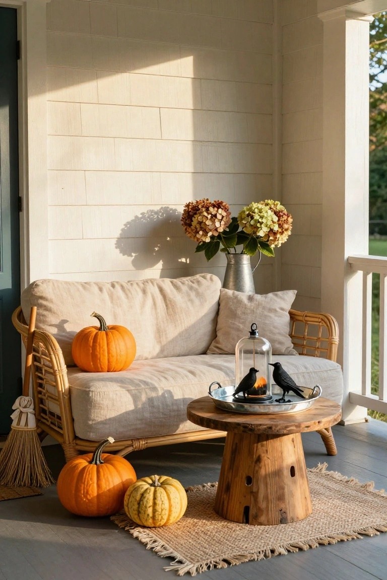 A covered porch with a beige rattan loveseat holding cream pillows and an orange pumpkin, a wooden coffee table with black crows under a glass dome, hydrangeas in a galvanized bucket, smaller pumpkins on the deck, and a jute rug.