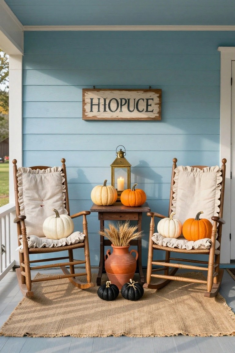 Blue painted porch with two wooden rocking chairs topped with beige ruffled cushions and white pumpkins, flanked by a small wooden table holding orange pumpkins, brass lantern, wheat stalks, terracotta pot, and black pumpkins on the seagrass rug.