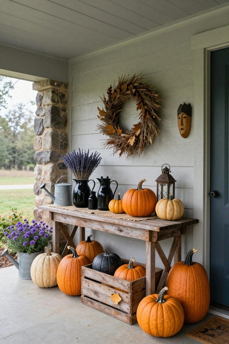 A weathered wooden bench on a covered gray shiplap porch holds assorted pumpkins in orange, white, and gray, black pitchers, a metal watering can, and lavender stems, with a wheat and leaf wreath on the wall next to a dark green door and more pumpkins on the ground.