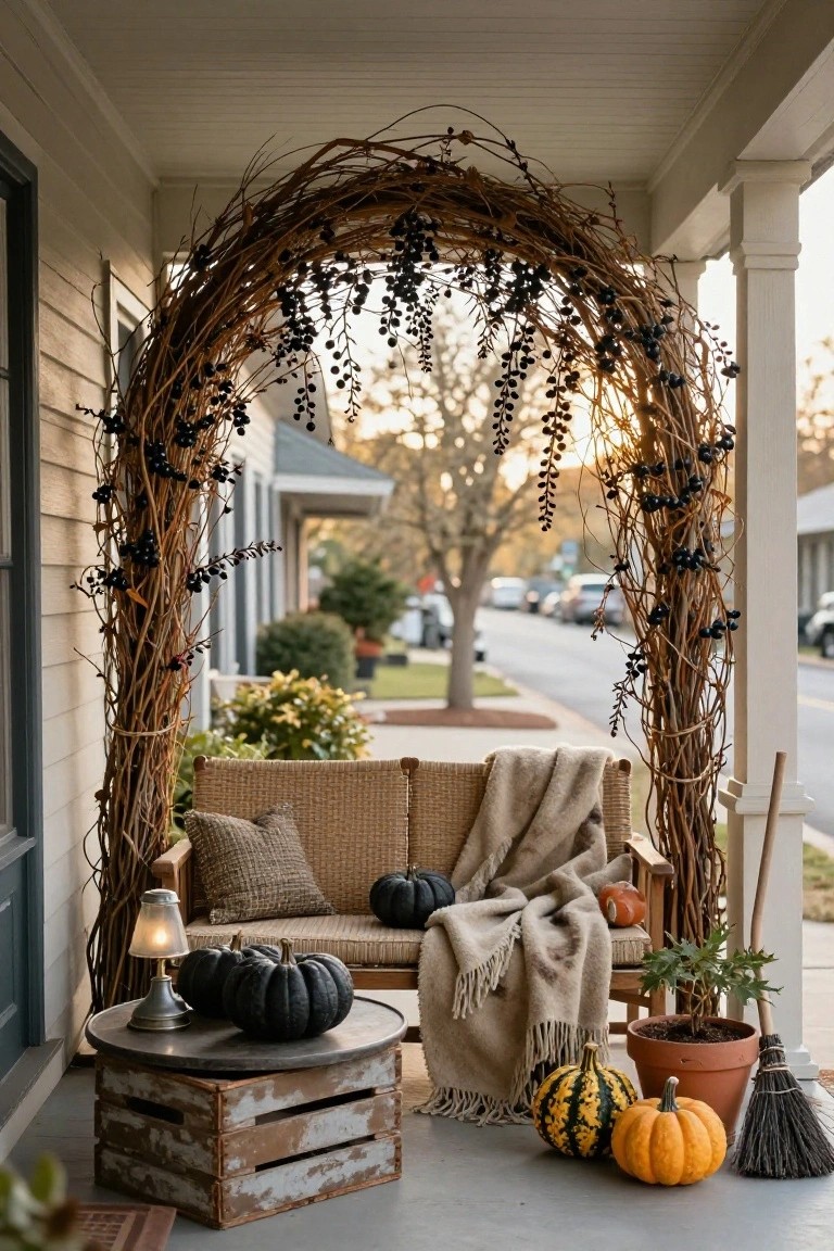 Porch with a beige woven loveseat draped in a tan throw blanket, black and orange pumpkins on a crate table, a tall twig arch with black berries, potted plants, and a broom nearby under a white house exterior.