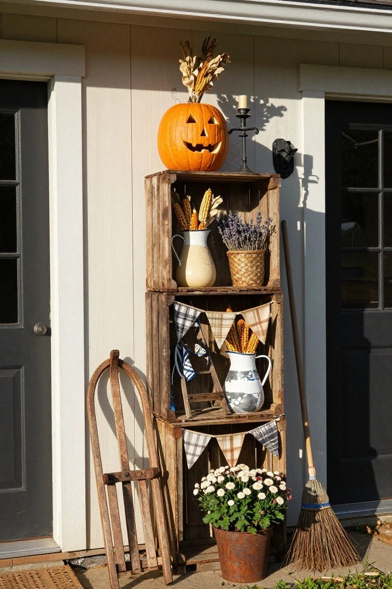 Wooden crate shelving unit against a light wood-paneled exterior wall next to dark doors, topped with a large orange jack-o-lantern pumpkin and decorated with cornstalks, jars, pitchers, lavender, bunting, a wooden sled, broom, and potted plants on the ground.