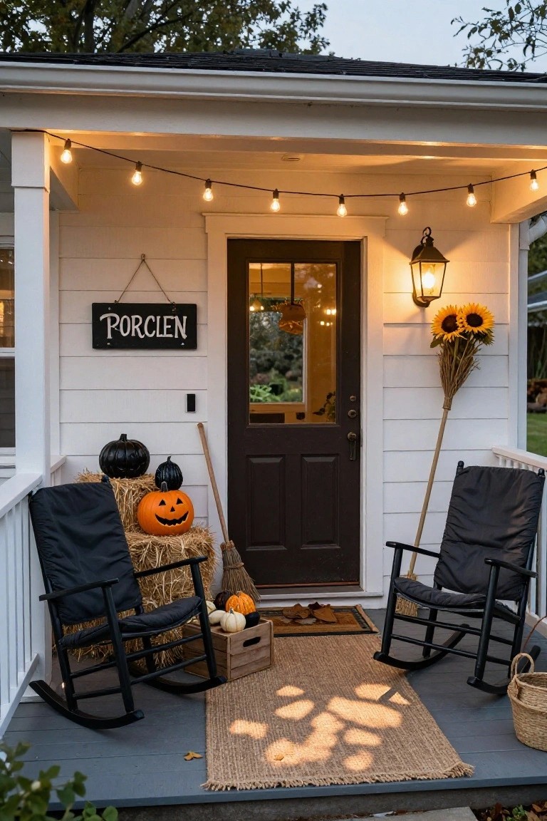 White clapboard porch with dark wood door decorated for Halloween, featuring stacked hay bales with orange and black pumpkins, two black canvas rocking chairs, string lights overhead, a lantern, broom, sunflowers, and a sign reading 
