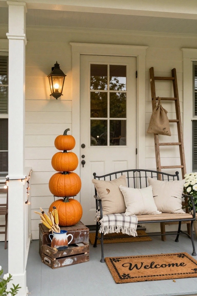White farmhouse porch featuring a tall stack of four orange pumpkins next to the glass door, a black metal bench with beige pillows and plaid throw blanket, hanging wooden ladder with burlap sack, cornstalks in a blue pot on wooden crates, string lights, and a welcome doormat on gray concrete.