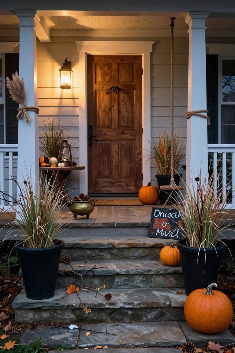Farmhouse porch with wooden door, white columns, stone steps flanked by black pots of tall pampas grass, pumpkins, lanterns, pinecones in brass pot, rope swing, and chalkboard sign in Cyrillic script.
