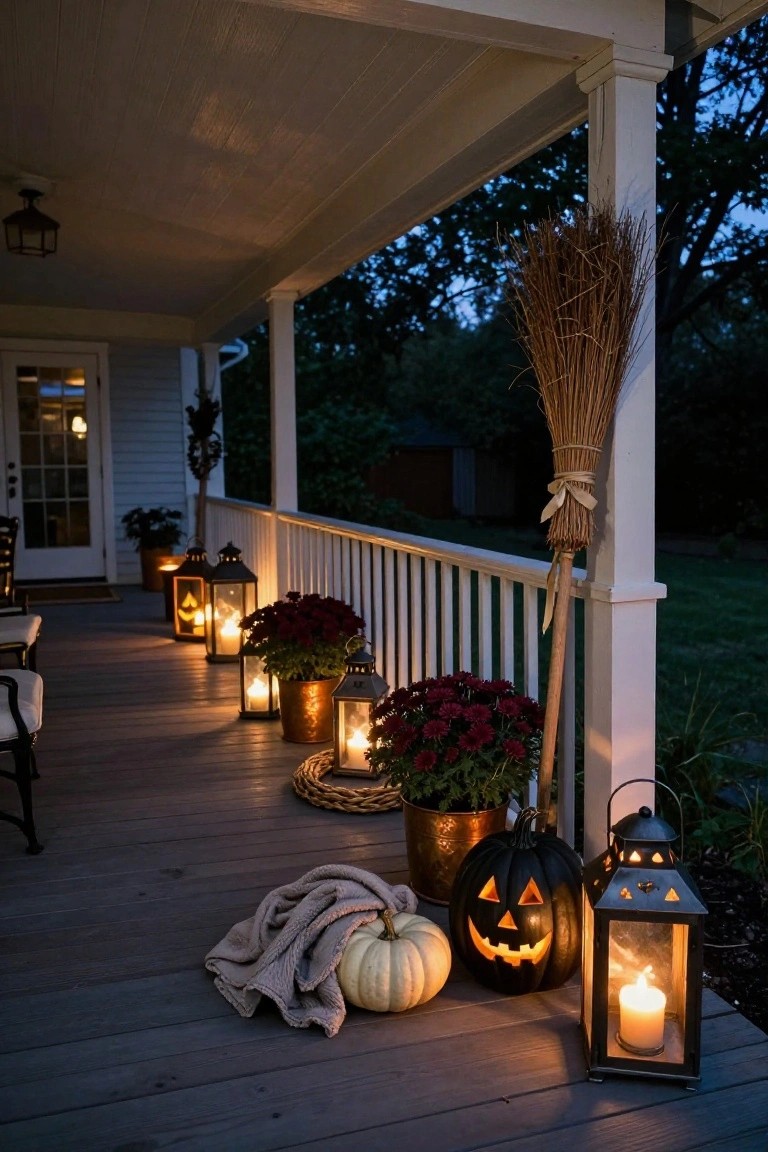 Farmhouse porch at dusk with Halloween decorations including multiple metal lanterns with candles, carved jack-o-lantern pumpkins, chrysanthemum plants in pots, a witch's broom leaning on a post, wicker chairs, and potted plants along the railing.