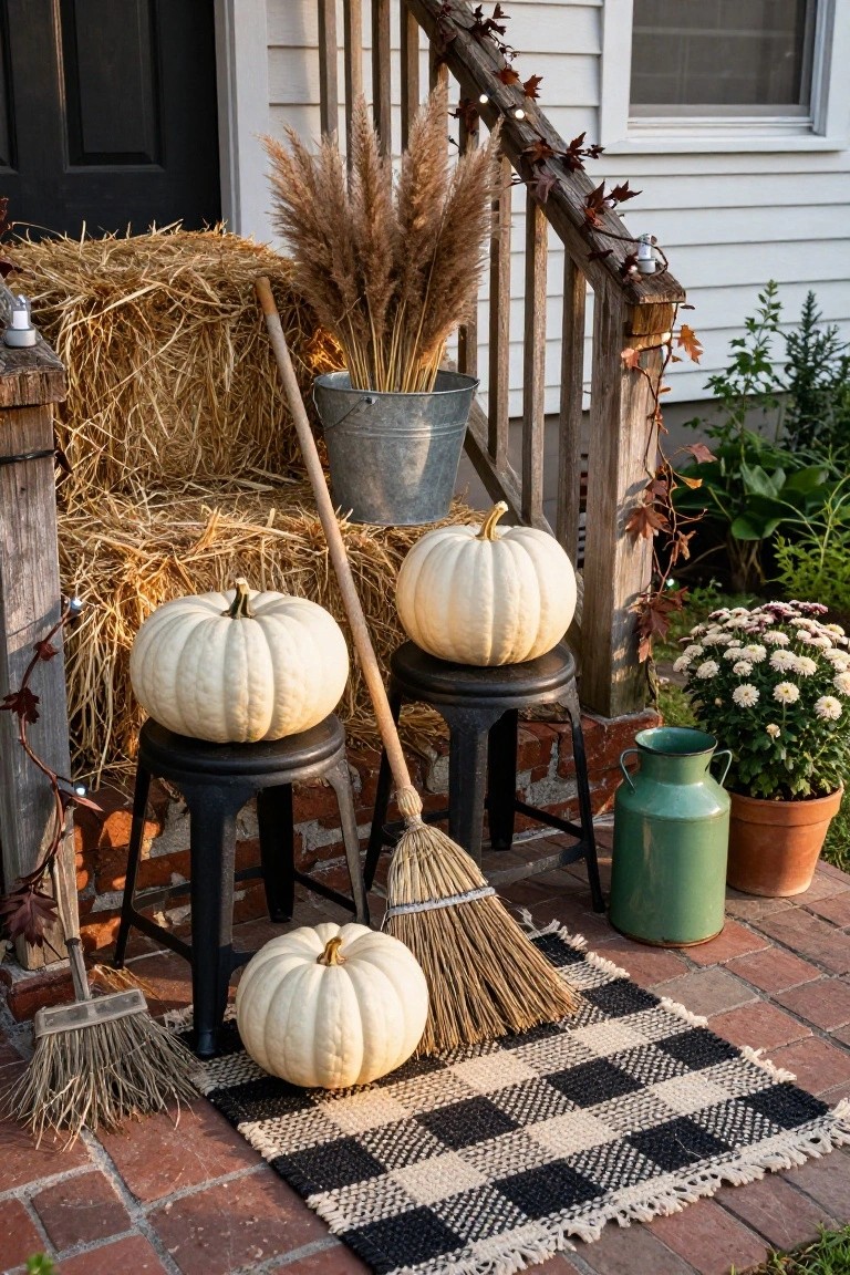 Front porch with two white pumpkins on black stools, a broom leaning between them, hay bales stacked nearby, pampas grass in a bucket, small brooms, a green metal jug, chrysanthemum plants in terracotta pots, and a black-and-white checkered rug on brick pavers.