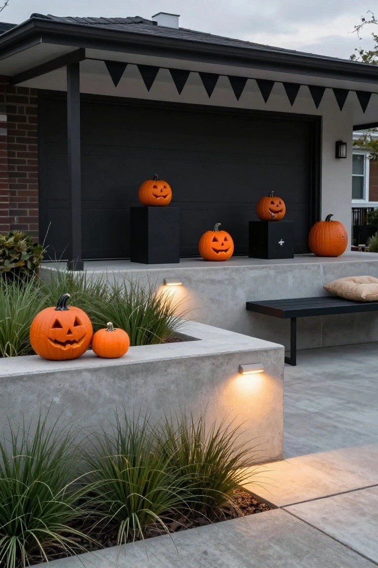 Modern home exterior with black garage door and porch area displaying carved orange pumpkins on black cube pedestals and concrete walls, surrounded by tall ornamental grasses in raised beds, a black bench with beige cushion, wall-mounted lights, and black triangular bunting overhead.