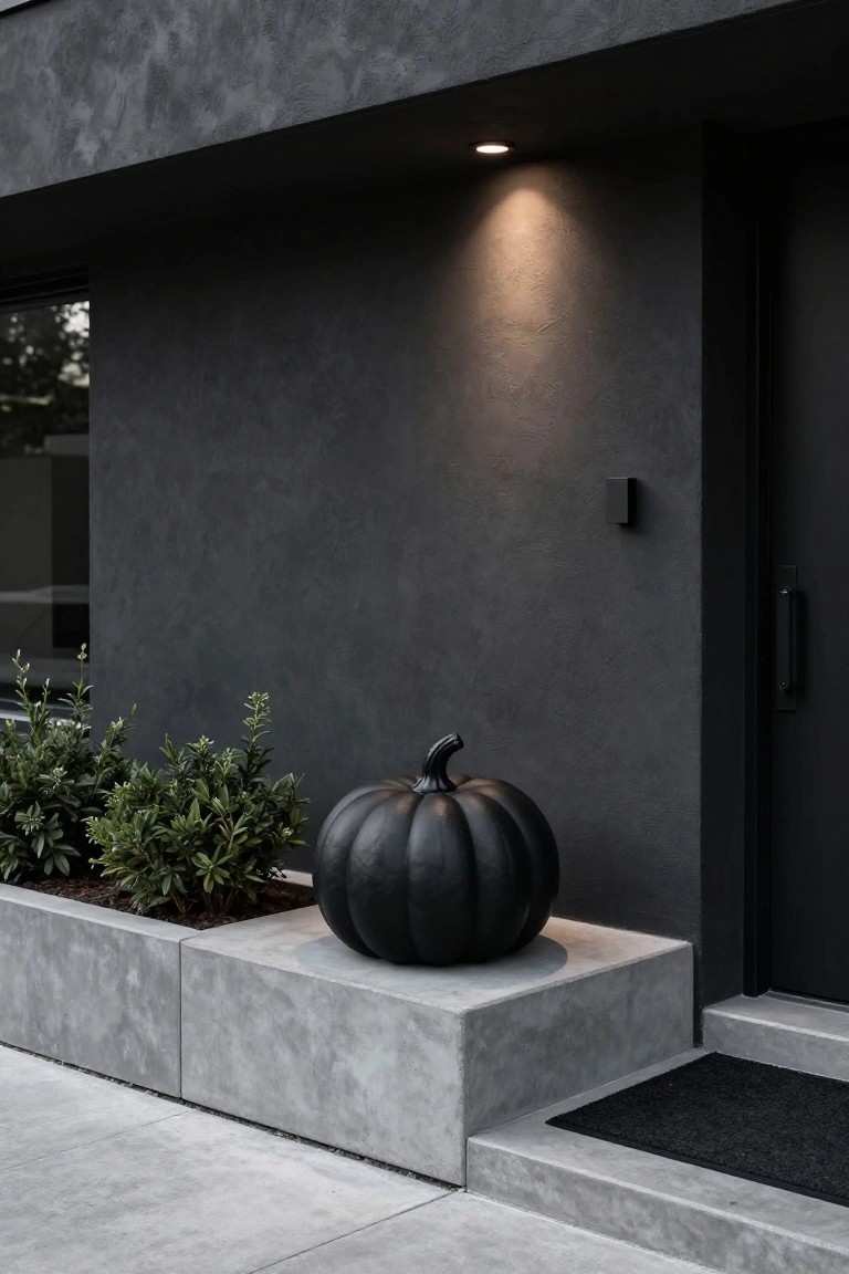 Modern house exterior featuring textured gray wall, black front door, spotlight above, large matte black pumpkin on concrete pedestal beside boxwood planter, and dark doormat.