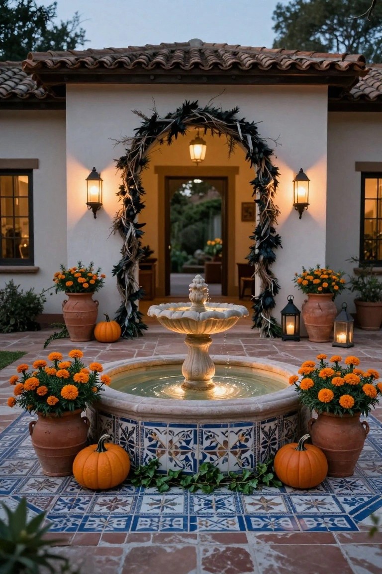 White stucco house exterior with terracotta roof and arched entryway draped in black twig garlands, featuring a central tiled stone fountain surrounded by terracotta pots of orange marigolds and pumpkins, plus lanterns on a brick and tile patio at dusk.
