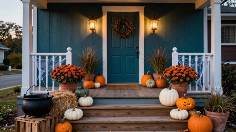 22 Outdoor Halloween Decor Ideas That Go All Out Teal front door on a blue clapboard house with wooden porch steps lined with orange and white pumpkins of varying sizes, flanked by potted orange mums, spider webs, lanterns, and a black cauldron.