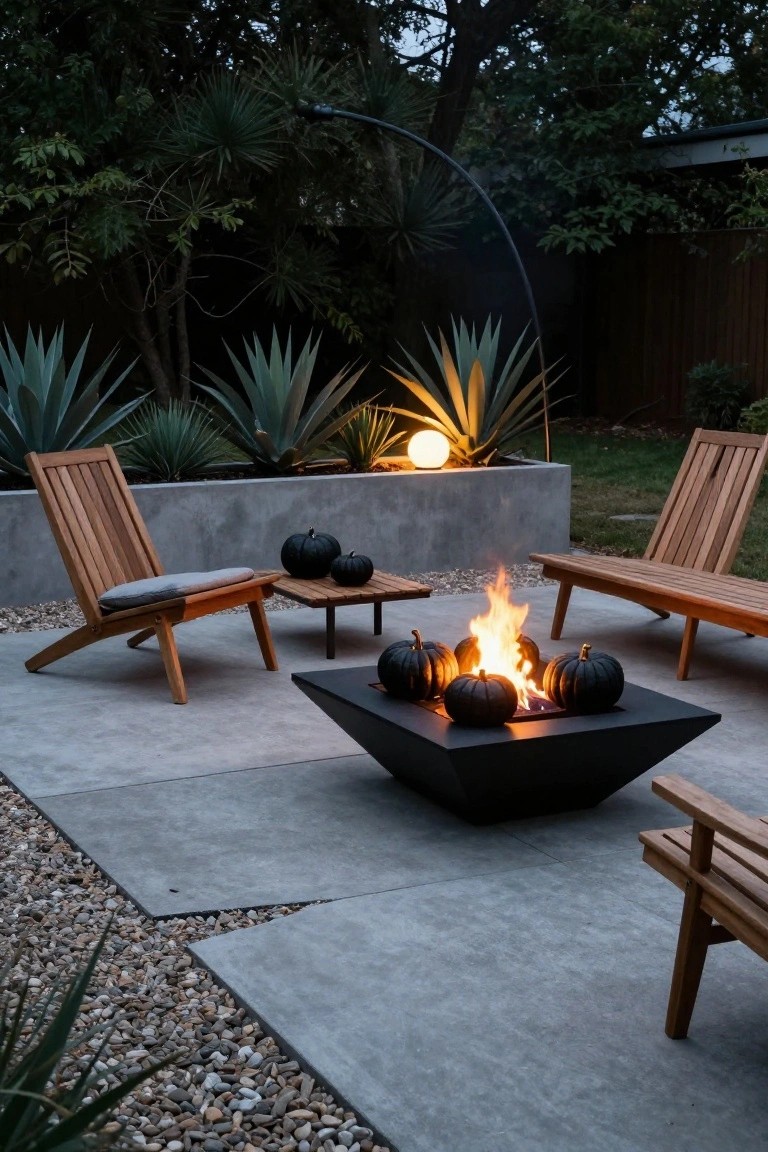Outdoor patio at dusk with black square fire pit containing flames surrounded by black pumpkins, teak lounge chairs and bench, agave plants in concrete planters, and gravel on concrete pavers.
