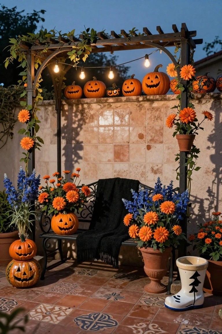 Outdoor patio at dusk with a black metal arbor draped in vines and string lights topped by several carved pumpkins, a black-blanket-draped wrought-iron bench with small jack-o'-lanterns and potted orange flowers nearby, against a tiled stucco wall with large boots and plants on terracotta tile flooring.