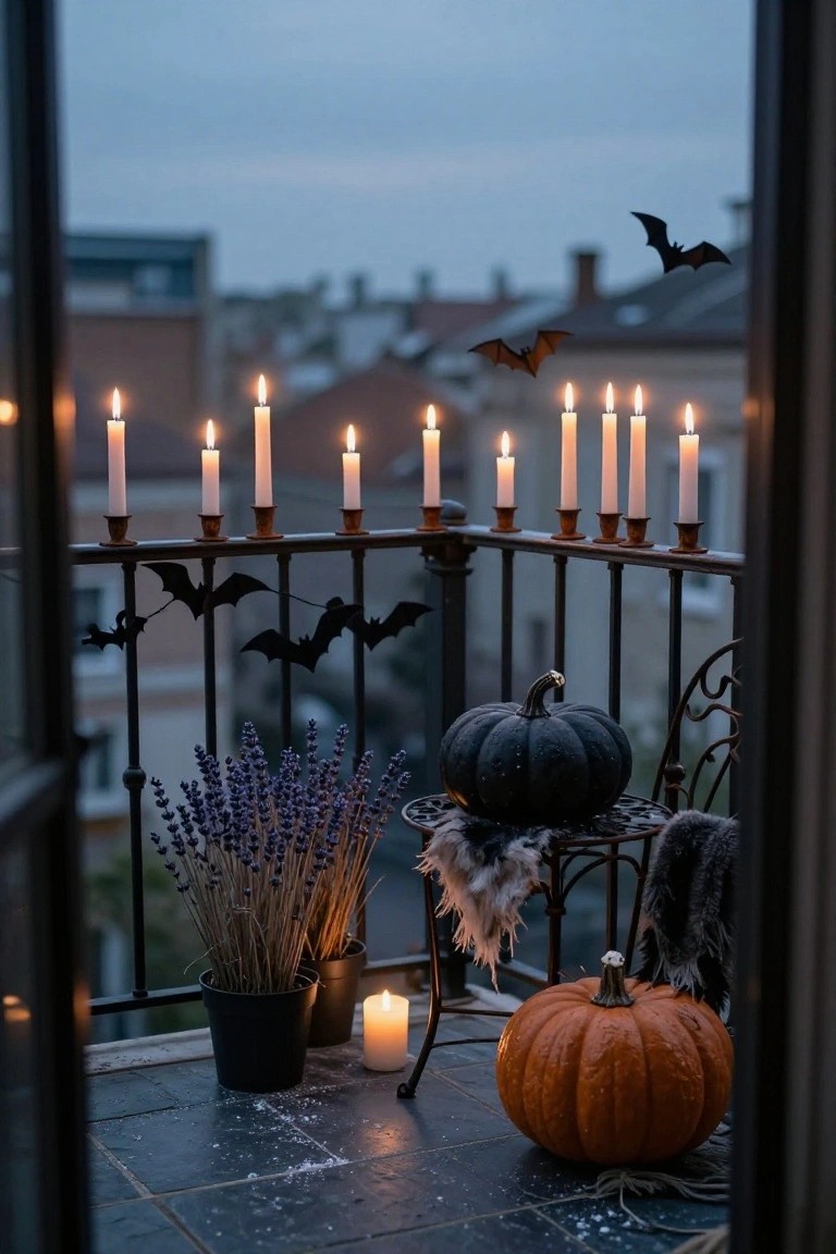 Balcony railing lined with taper candles in brass holders and paper bats hanging from it, with pumpkins, lavender plants, pampas grass in pots, and a chair with fur throw on the floor, viewed from inside through glass doors at dusk with cityscape in background.