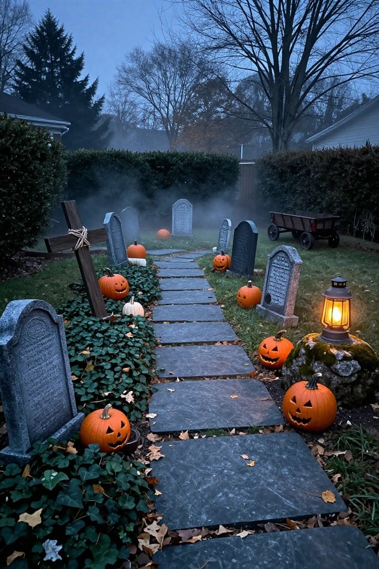 A foggy stone pathway lined with gray tombstones, carved orange pumpkins, a wooden cross, hedges, and a lantern in a backyard Halloween graveyard display at dusk.