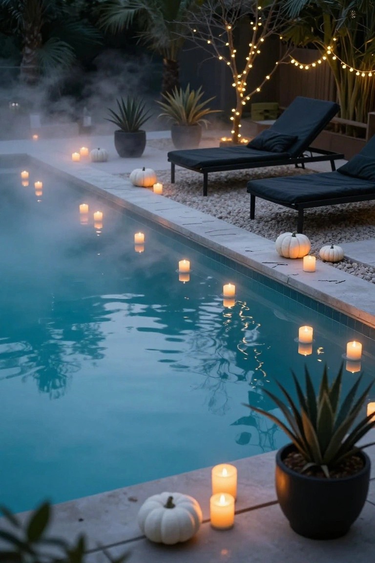Turquoise pool at dusk with floating candles in the water, tea lights along the edge and on the deck, white pumpkins, black loungers, potted succulents, string lights in trees, and light mist.