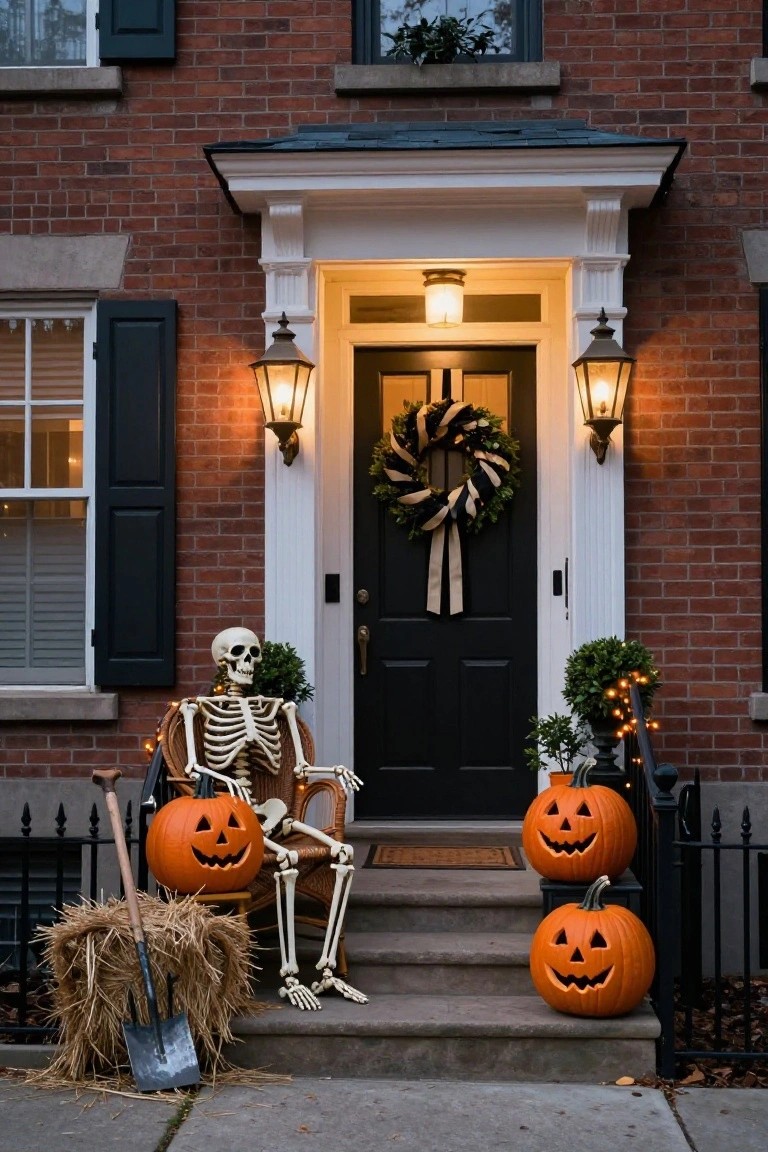 Brick townhouse front steps decorated for Halloween featuring a life-size skeleton seated in a wooden chair surrounded by jack-o'-lanterns, hay bales with a pitchfork, potted plants with lights, and a wreath on the dark front door flanked by lanterns.