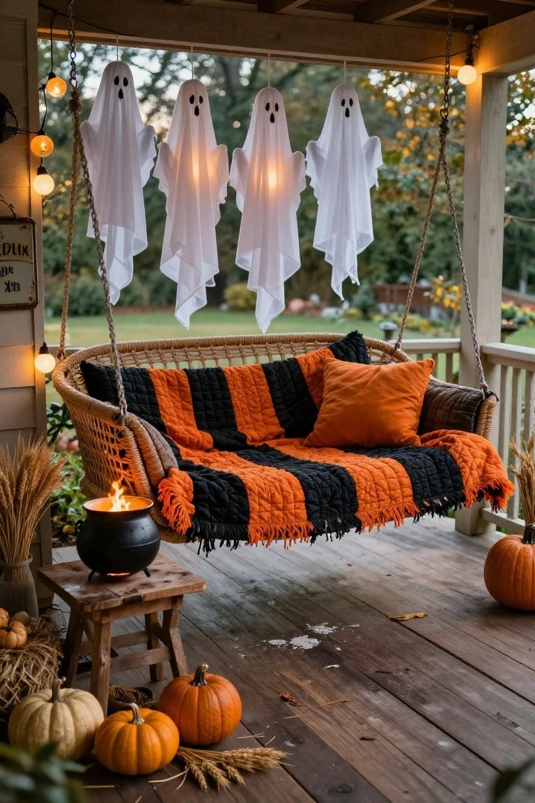 Porch swing covered in black and orange striped blanket and pillows next to a black cauldron with fire on a wooden stool, with hanging white ghost decorations, pumpkins, and string lights on a wooden deck.