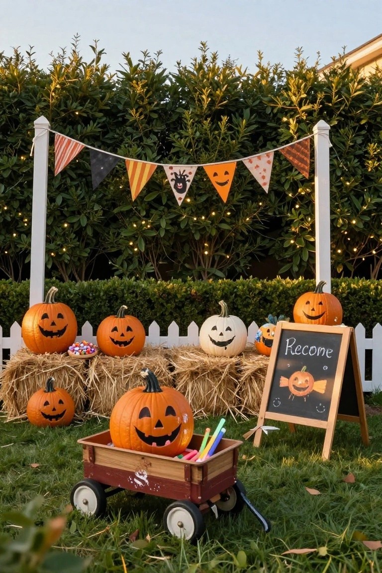 Front yard Halloween setup with stacked hay bales holding carved pumpkins, a red wooden wagon filled with pumpkins and colored pencils next to colorful bunting strung between white posts in front of a green hedge and a chalkboard easel.