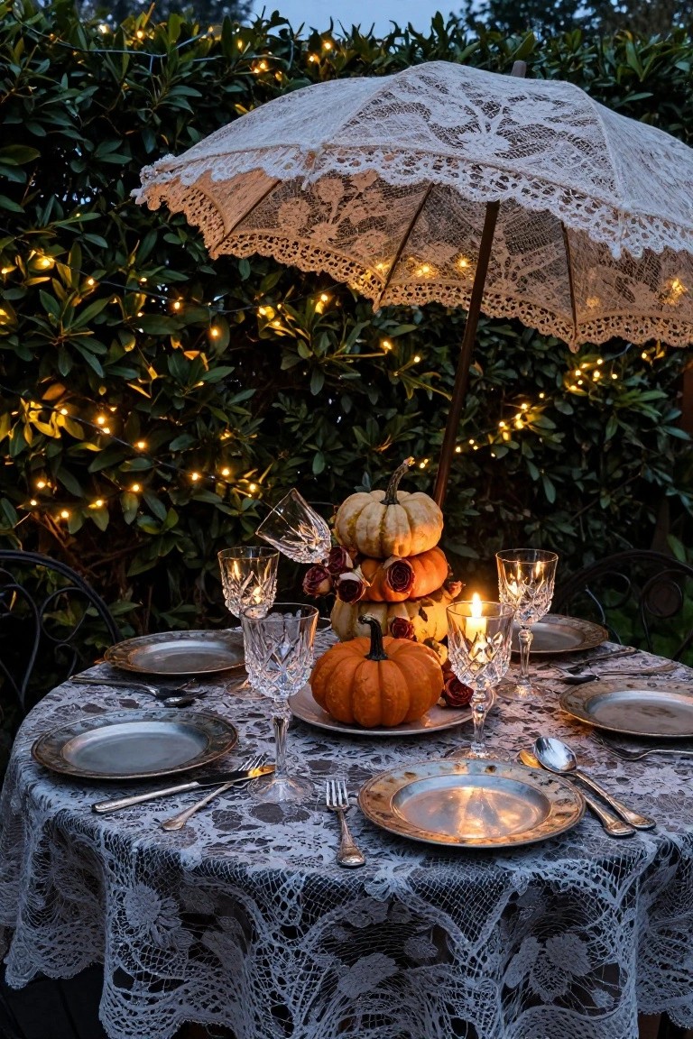 Round outdoor table draped in white lace cloth with silverware, crystal wine glasses, candles, and stacked orange pumpkins as centerpiece under a white lace umbrella strung with fairy lights, against a green hedge with additional string lights at dusk.