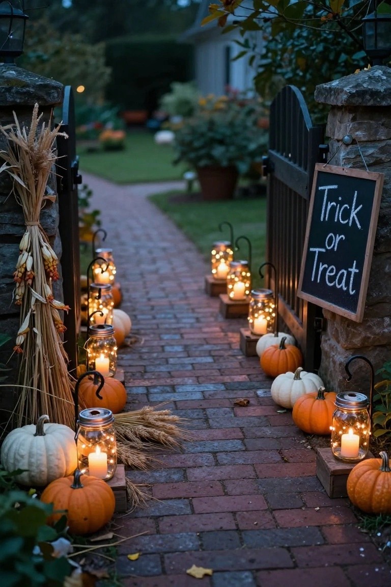 Brick pathway at dusk leading through a garden gate, lined with hanging mason jar lanterns containing string lights, flanked by orange and white pumpkins, cornstalks, and wheat bundles, with a chalkboard sign reading