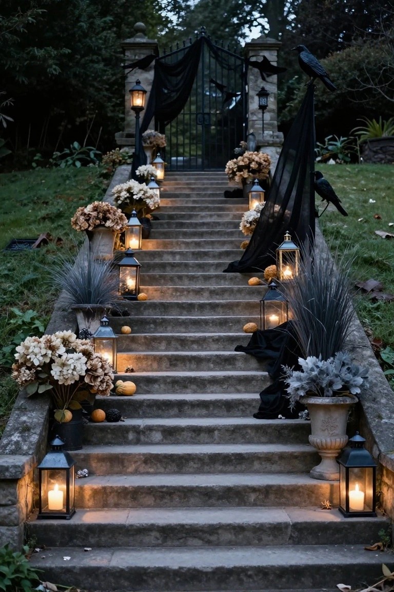 Stone staircase ascending to a black iron gate framed by pillars, decorated with multiple lanterns emitting warm light, small pumpkins, dried flowers in pots, black draped fabric, crows, and ornamental grasses on a dark autumn evening.