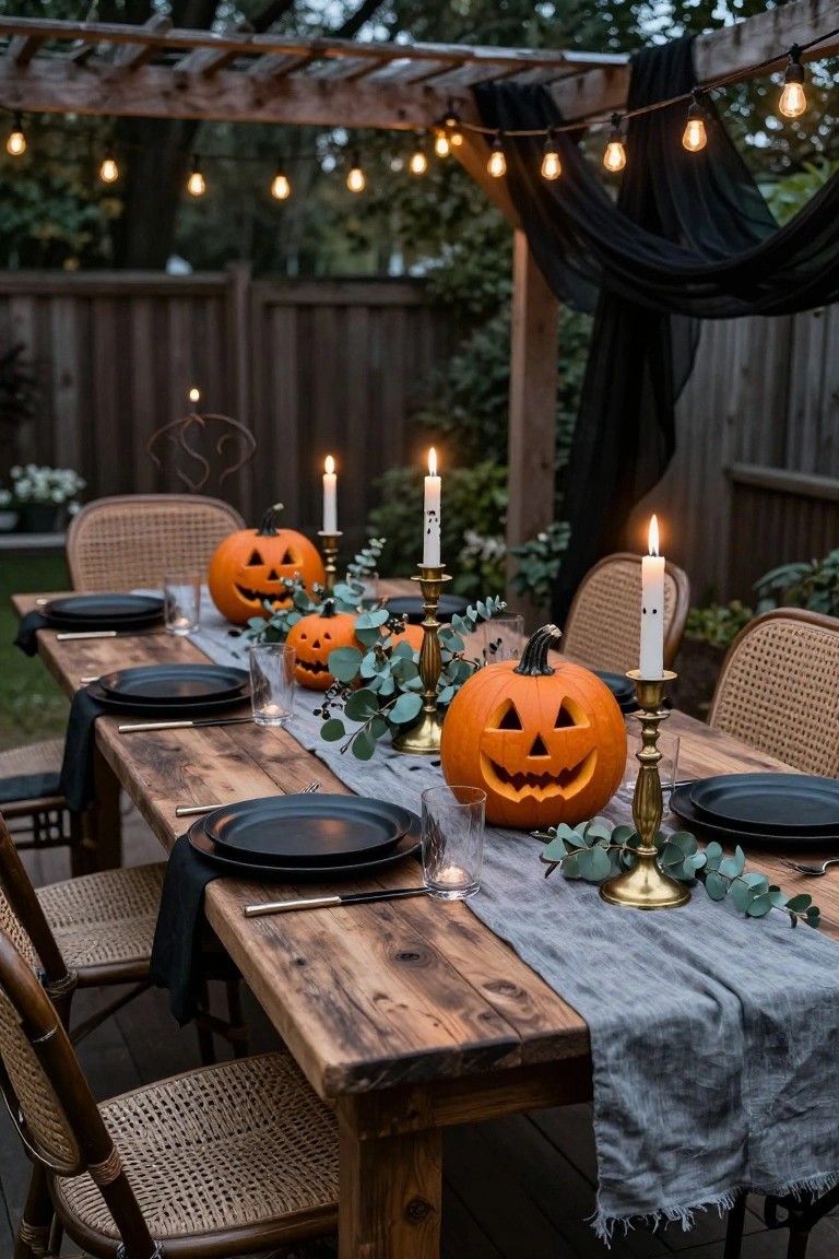 Wooden dining table on a covered outdoor patio set for Halloween with multiple carved jack-o-lantern pumpkins, brass candelabras with white candles, black plates, gray runner, eucalyptus greenery, rattan chairs, string lights, and black drapes.