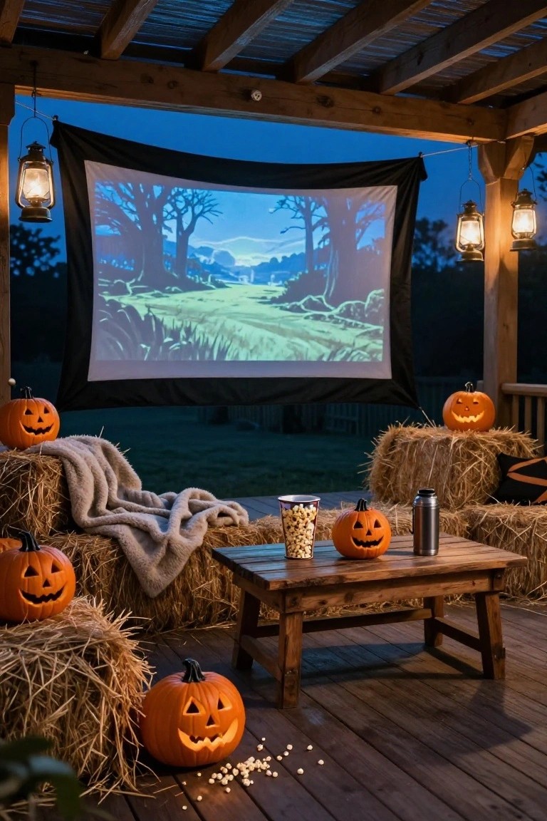 Covered wooden porch at dusk with a large black-framed projector screen displaying a dark forest scene, surrounded by hay bales, carved jack-o-lanterns, lanterns, popcorn cups, a thermos, and blankets on the deck.