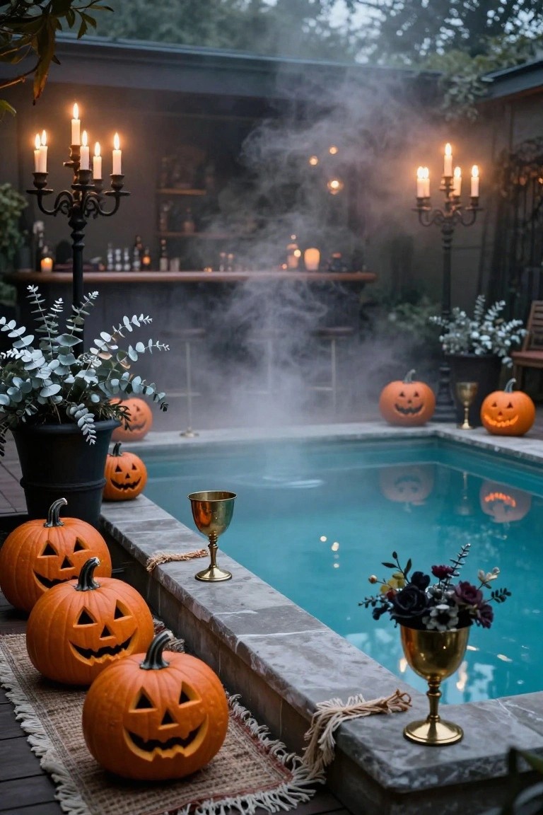 Outdoor pool area with steaming turquoise water, carved orange pumpkins lining the tiled edge, gold chalices and flower arrangements on the ledge, tall black candelabras with lit candles, fog in the air, potted plants, and a dark wood bar area in the background.