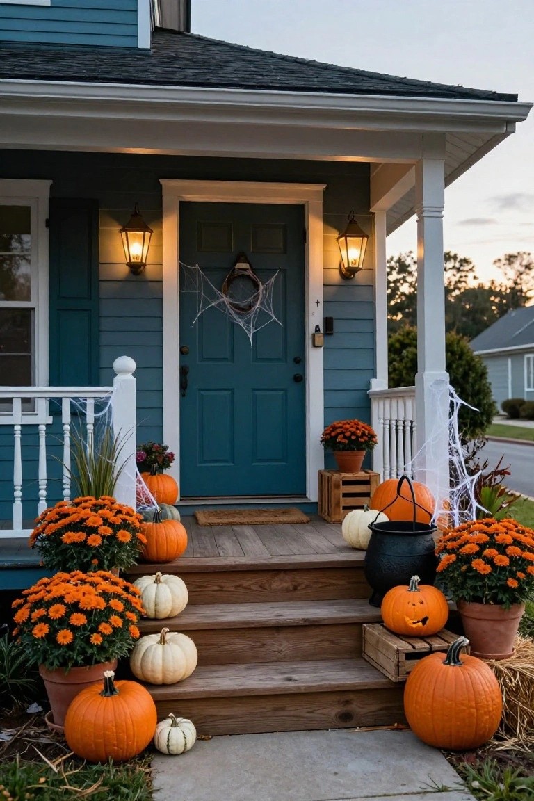 Teal front door on a blue clapboard house with wooden porch steps lined with orange and white pumpkins of varying sizes, flanked by potted orange mums, spider webs, lanterns, and a black cauldron.