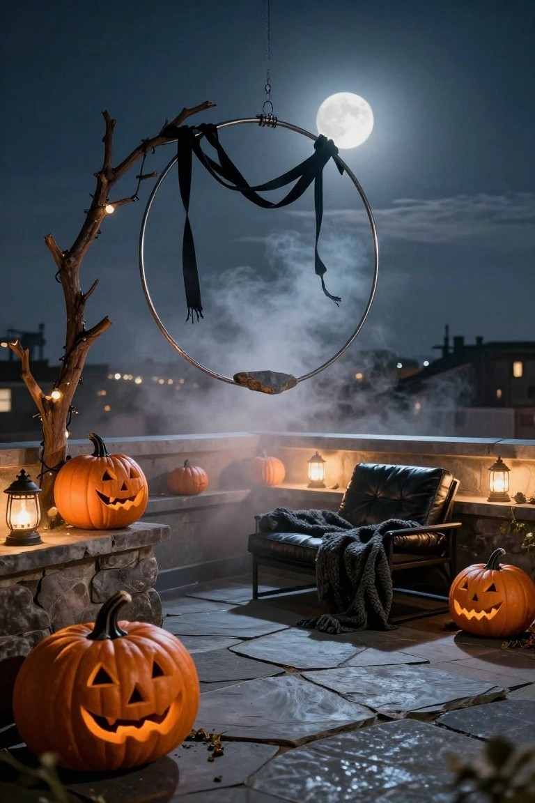 Nighttime rooftop terrace for Halloween with a large suspended aerial hoop wrapped in black ribbons and holding a rock or skull, lit jack-o'-lanterns, lanterns, and a leather armchair with gray blanket on stone flooring under a full moon.