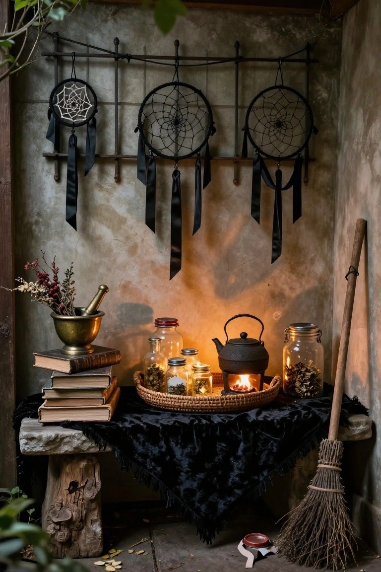 Rustic stone bench in a walled outdoor nook draped with black velvet cloth holding stacked books, glass jars, brass mortar and pestle, lit kettle, wicker tray, and Halloween items like black dreamcatchers on the wall and a broom leaning nearby.