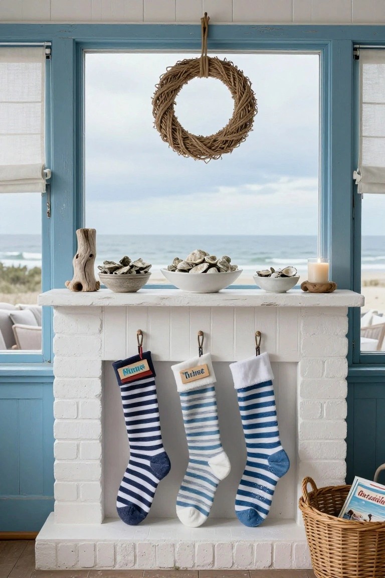 White brick fireplace mantel with three personalized striped stockings in navy, blue, and white hanging from hooks, decorated with bowls of clamshells, driftwood, and a candle, viewed through a large blue-framed window overlooking the ocean and beach.