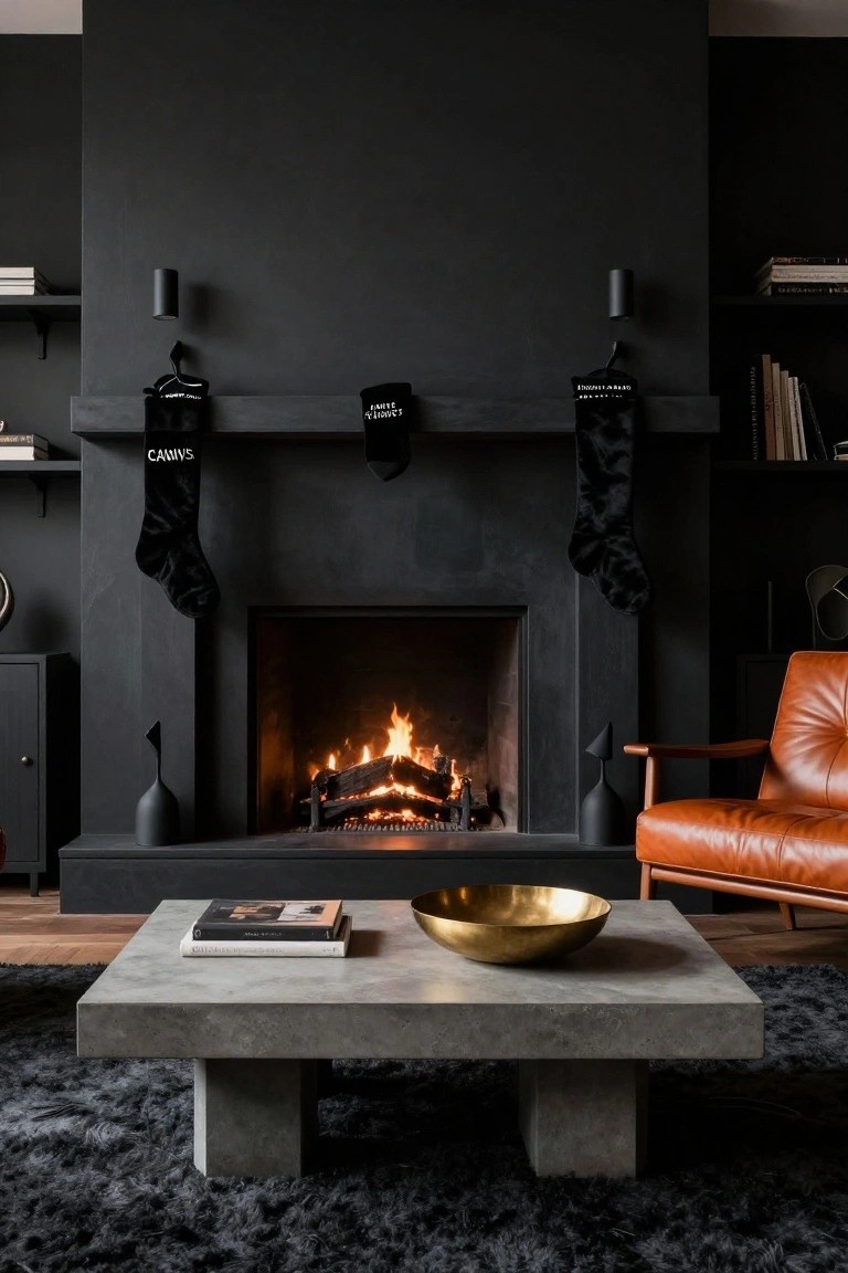 Dark interior living room with black fireplace mantel holding two black velvet stockings labeled CANVAS, lit fire in the hearth, orange leather armchair, concrete coffee table with books and gold bowl, black rug, and wall shelves with books.