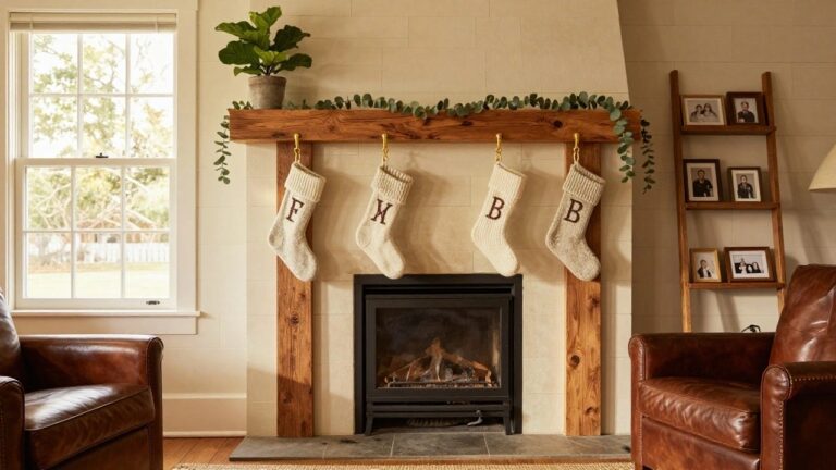 Cozy living room fireplace with rustic wooden mantel holding four neutral knit stockings with red initials and stars, eucalyptus garland draped across, family photo on wall above, and armchair nearby.