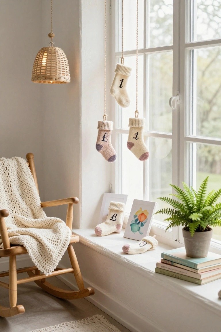 Cozy room corner with cream and pink knit stockings labeled A, B, and numbers hanging from strings beside a large window, wooden rocking chair with white blanket nearby, books stacked and fern plant on the wide sill.
