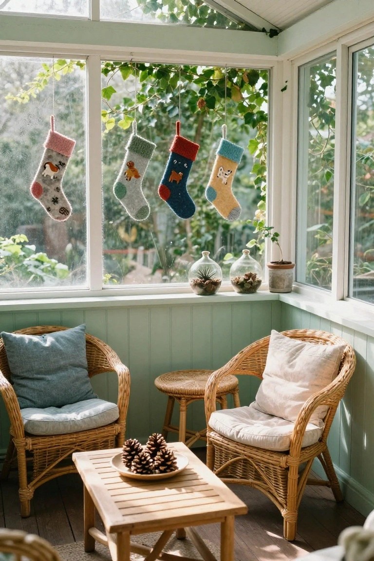 Sunroom with mint green paneled walls and large glass windows draped in ivy, two wicker armchairs around a low wooden table holding pinecones in a dish, glass cloches with plants on the windowsill, and five colorful knitted Christmas stockings hanging from the window frames.