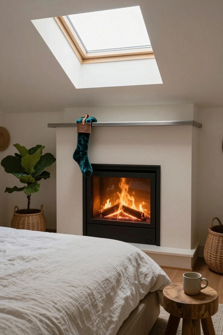 Bedroom with white bed, potted plants in woven baskets, small wooden stool with mug, fireplace with burning logs and green velvet stocking hanging from metal shelf mantle, skylight overhead.