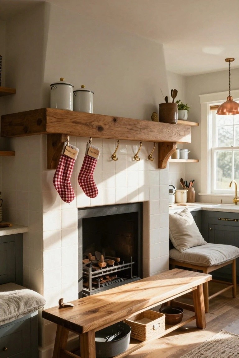 Rustic wooden mantel shelf over a white-tiled fireplace in a kitchen, with two red plaid stockings labeled 