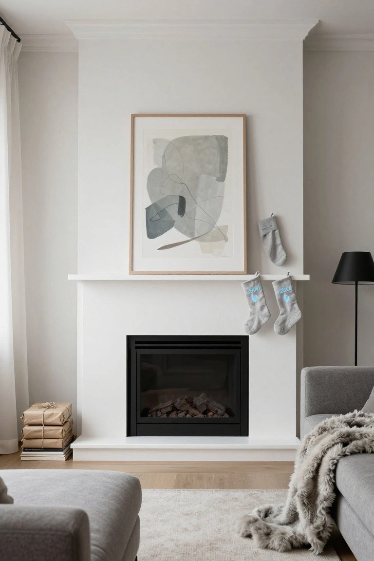 White fireplace mantel with two hanging gray personalized Christmas stockings labeled with names, abstract gray artwork framed above, stacked wrapped books on the hearth, black floor lamp, and gray sofa with throw in a light wood floor living room.